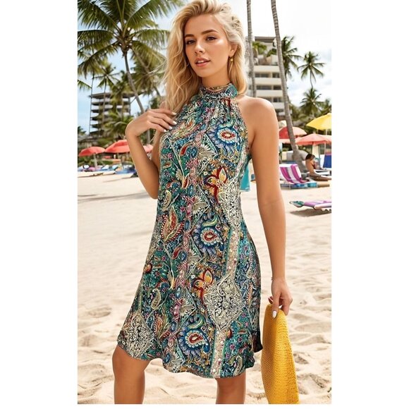 New Halter Neck Sleeveless Floral Boho XL Summer Dress For Women Knee Length Lig - Picture 3 of 5